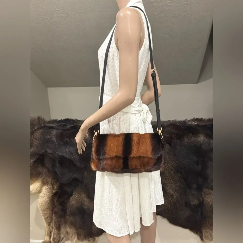 Brown Gradient Real Mink Fur Handmade Baguette Shoulder Bag, Multi Use Style